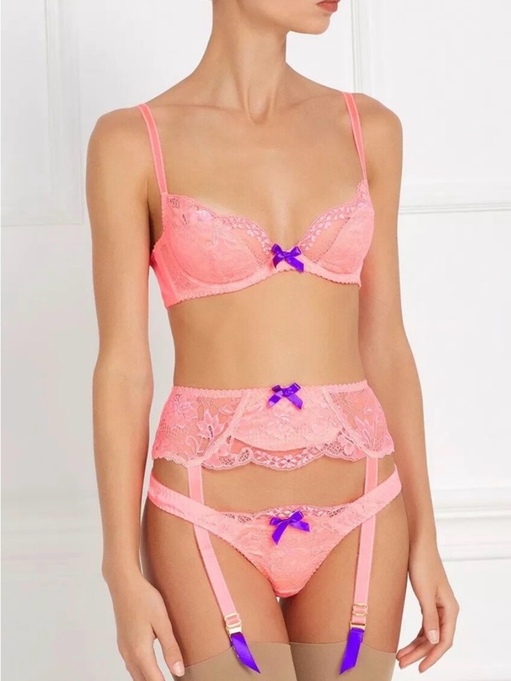 Pammie Agent Provocateur Delicate Pink Lace Lingerie Set with Ribbon Accents